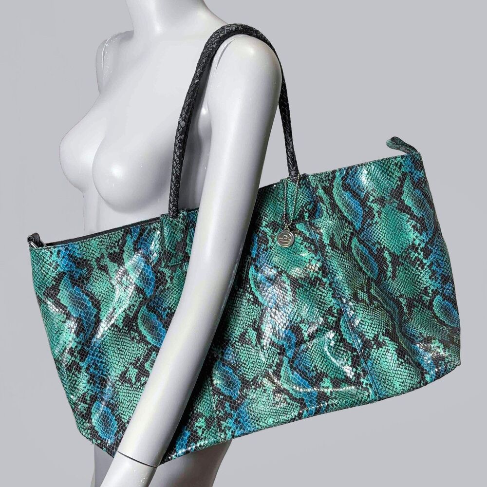 Big Buddha Patent Blue & Green Faux Leather Snakeskin Large Tote Bag Western